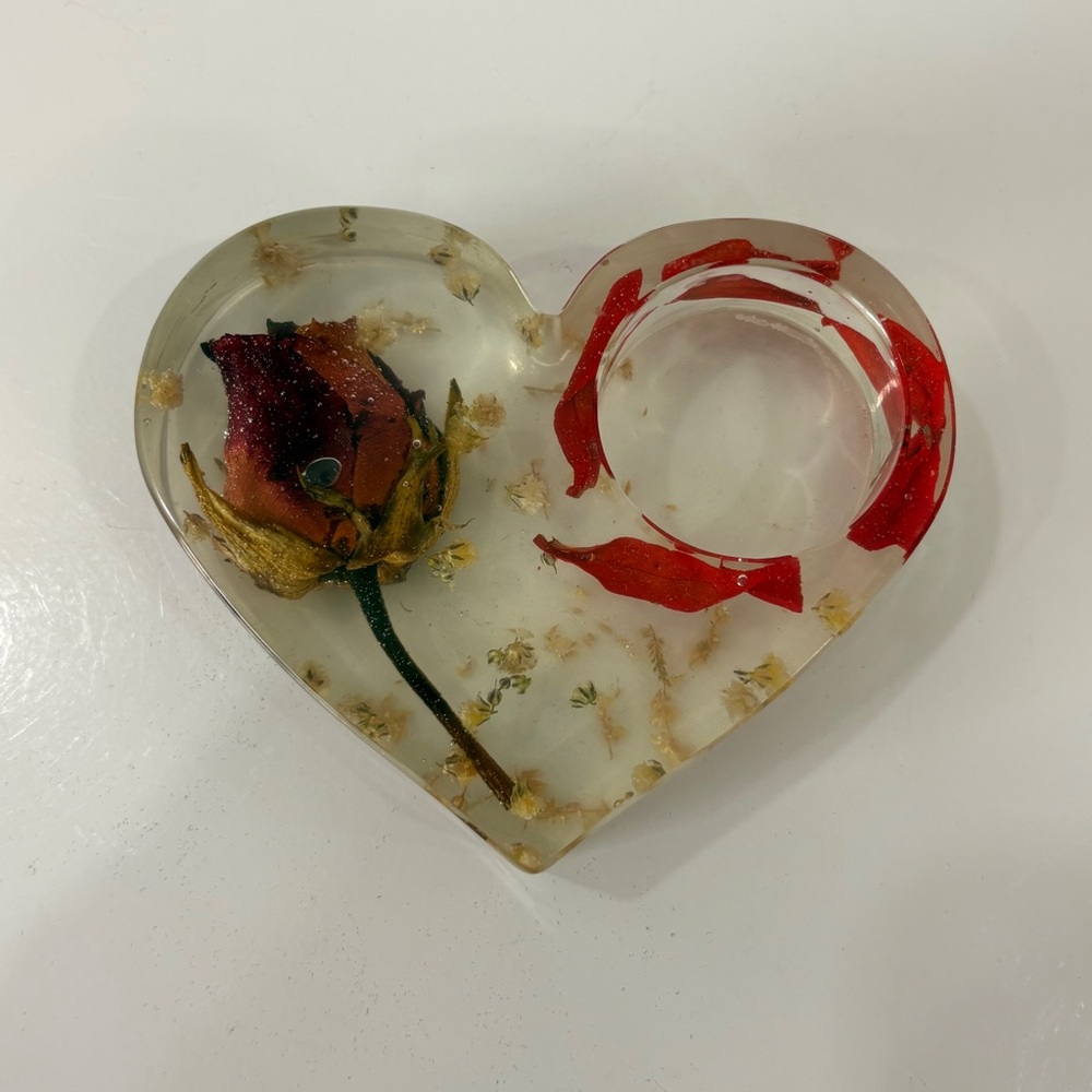 Vintage Lucite Heart Shaped Rose Tea Light Candle Holder